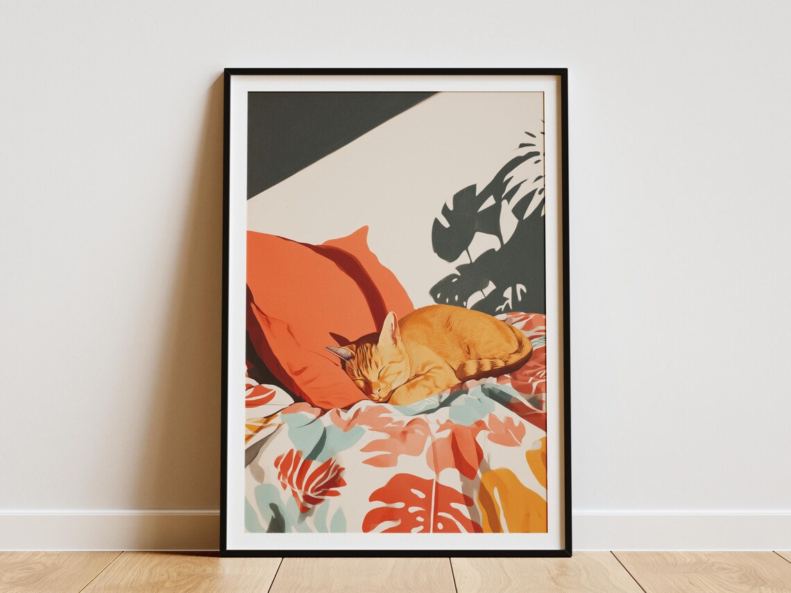 Orange Tabby Cat Sleeping on Tropical Bedding in a Sunlit Room Art Poster