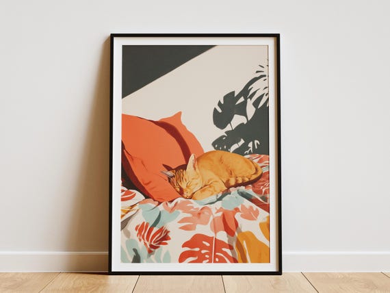 Abyssinian Cat Sleeping Wall Art Print Matisse Style Feline Poster Midcentury Modern Abstract Bedroom Decor Orange Coral Teal Pet Lover Gift