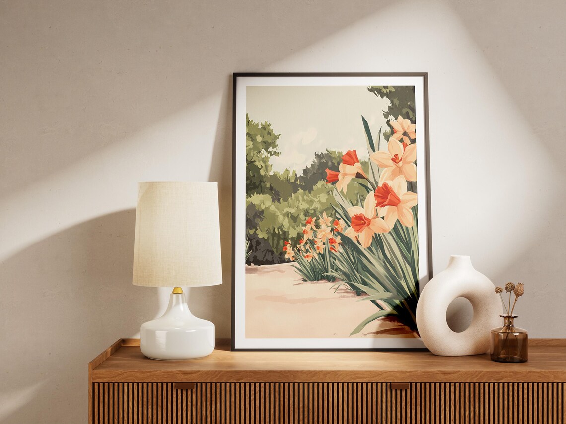 Bright Red And Cream Daffodils Along Garden Path Floral Poster - Image 5