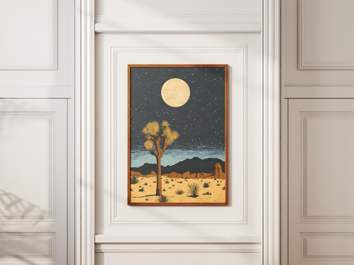 Joshua Tree National Park Desert Night Spiky Tree Moon Starry Art Poster - Image 2