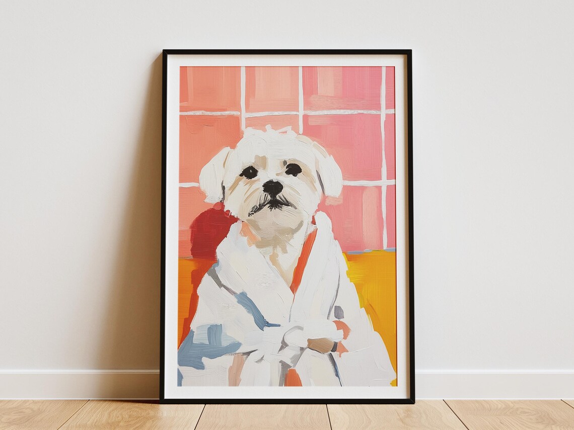 Maltese Dog in White Bathrobe Pink Tiles Painterly Art Poster