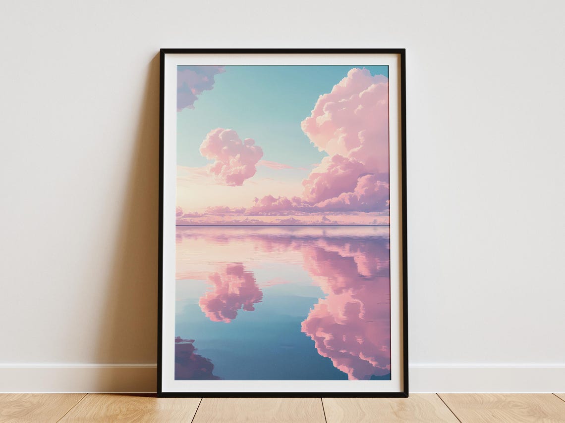 Pink Clouds Perfectly Reflected in a Mirror-Calm Turquoise Sea Poster