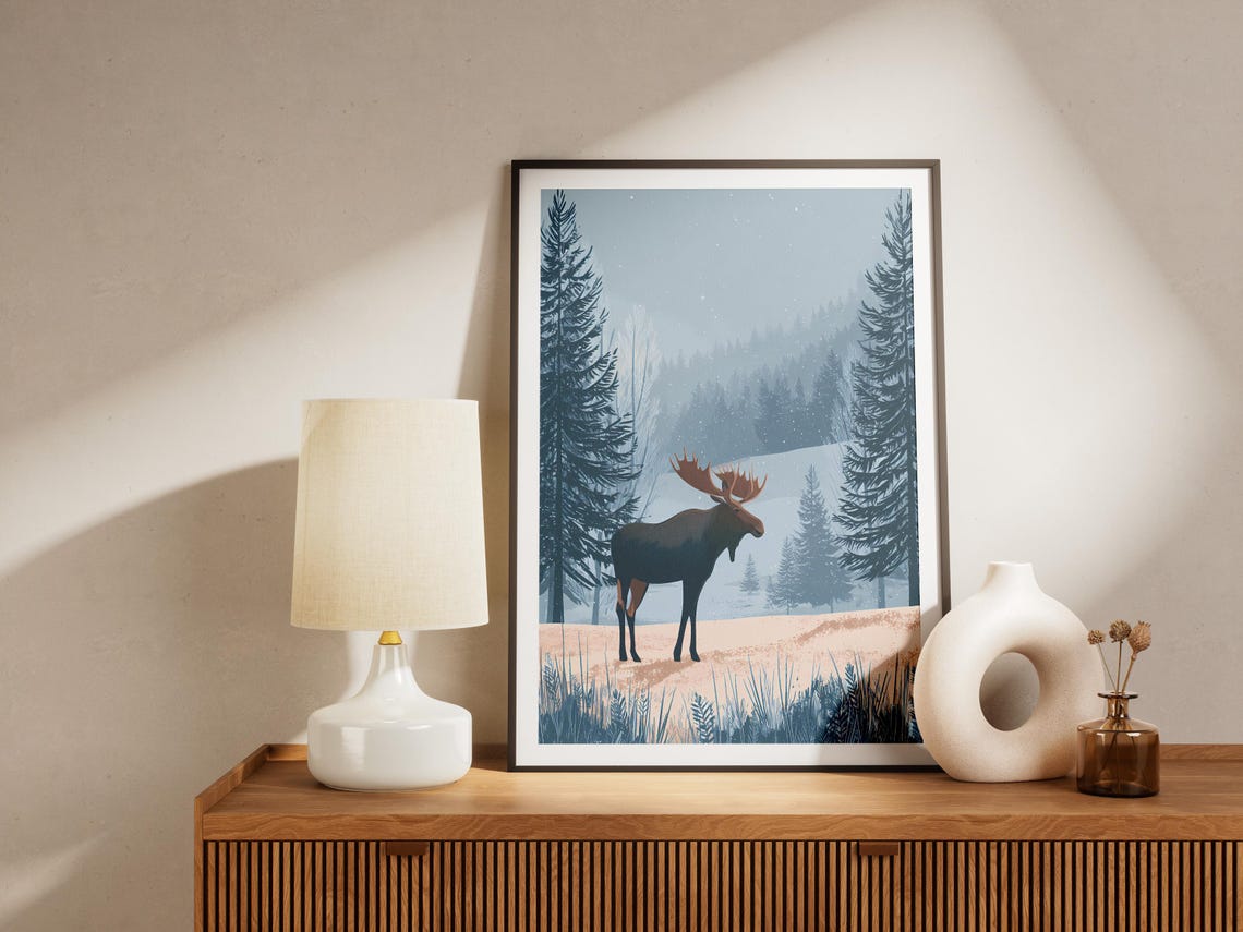Moose Standing in Snowy Winter Pine Forest Snowfall Art Poster - Image 4