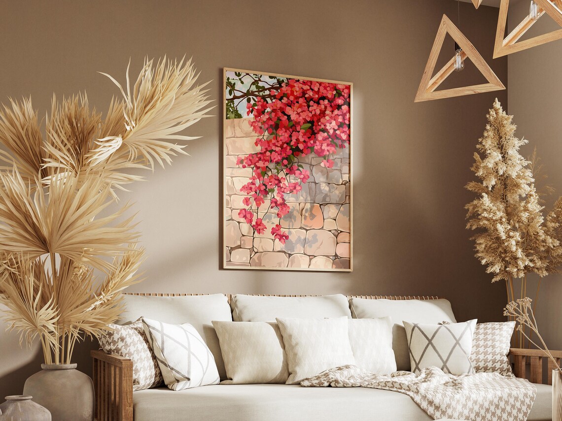 Pink Bougainvillea Spilling Over a Mediterranean Stone Wall Poster - Image 3