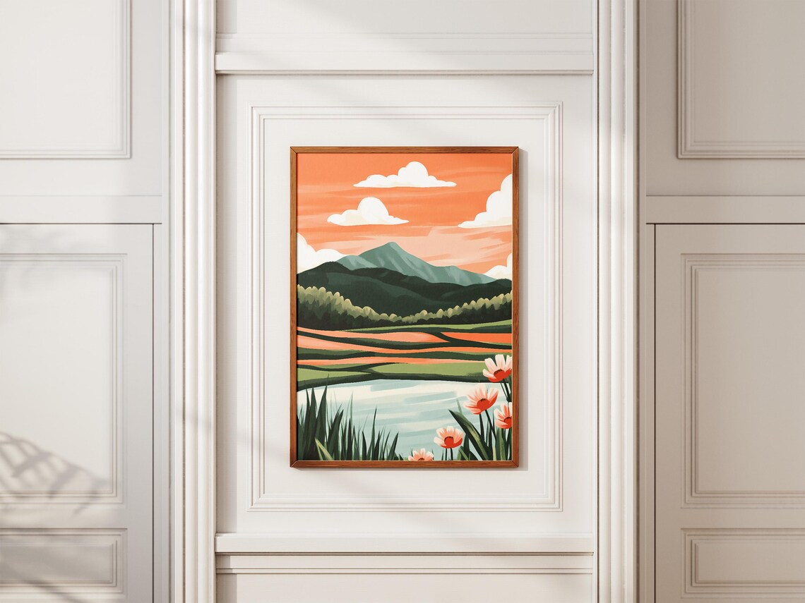 Orange Sunset Field With Green Mountains And Wildflowers Poster - Image 2