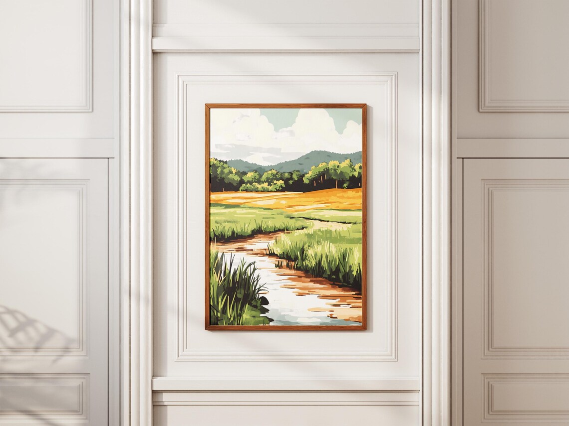 Meadow Stream Flowing Through Green Fields Pastoral Landscape Poster - Image 2