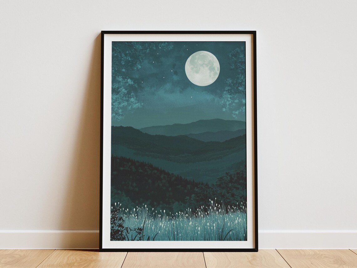 Shenandoah Full Moon Over Layered Teal Mountains Night Poster