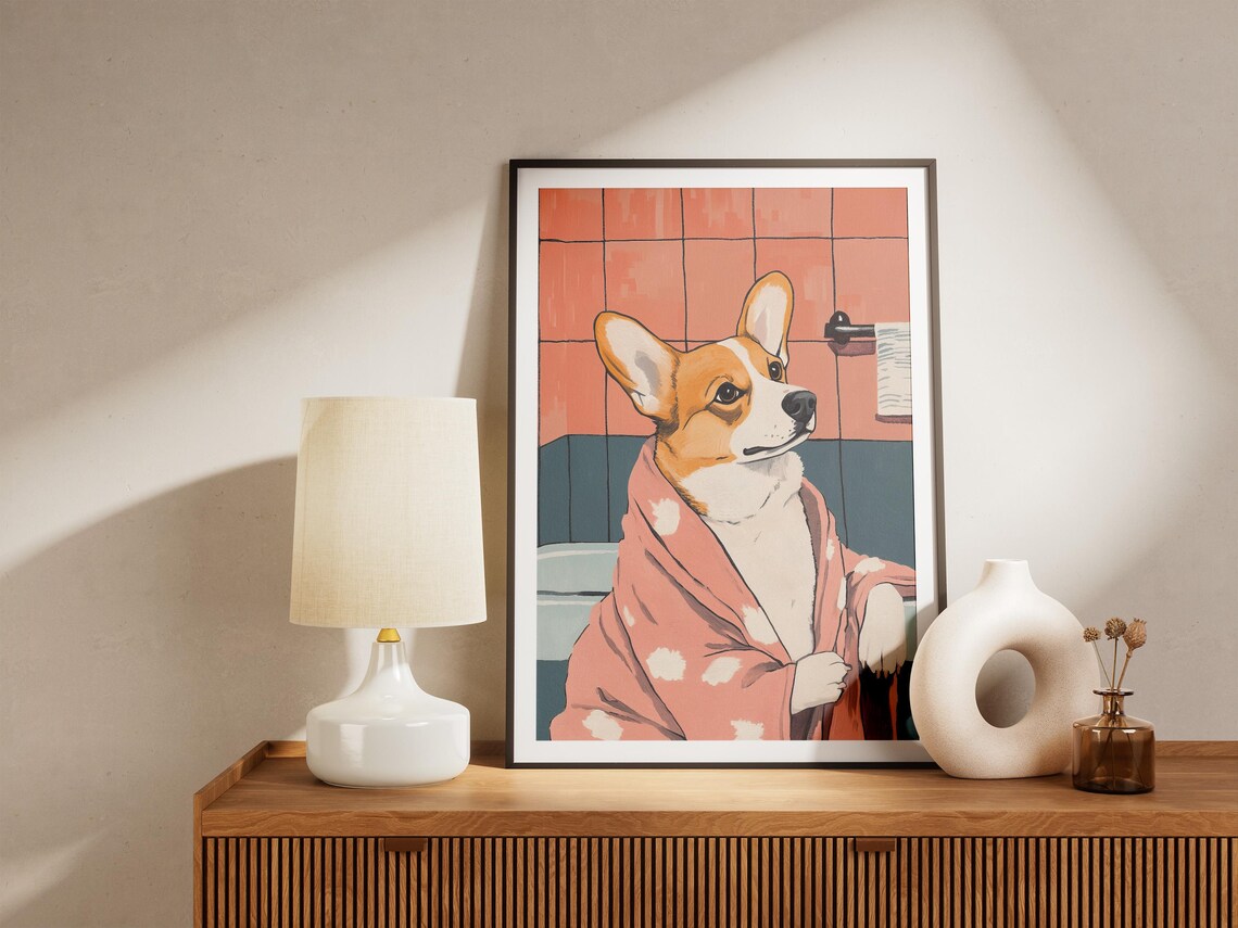 Funny Cute Corgi in Pink Polka Dot Bathrobe After Bath Poster - Image 4