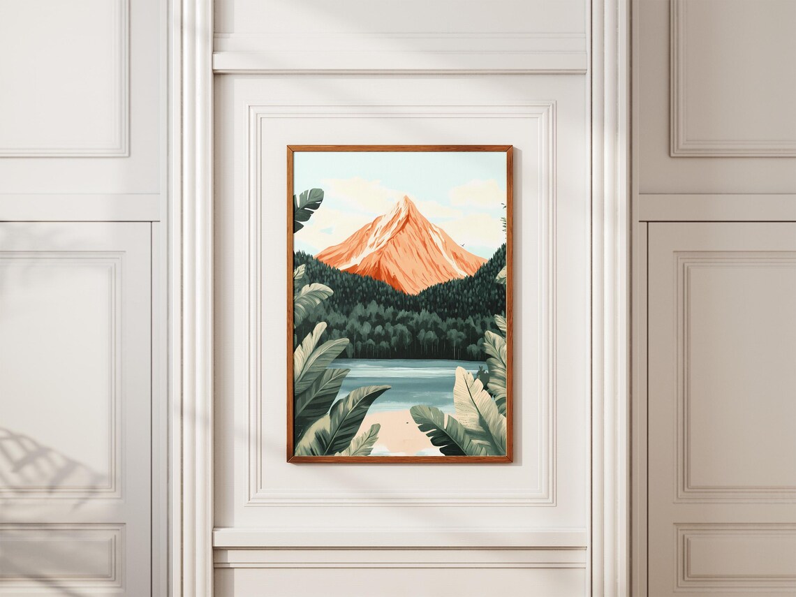 Orange Mountain Peak Above Pine Forest Lake Tropical Leaves Poster - Image 2