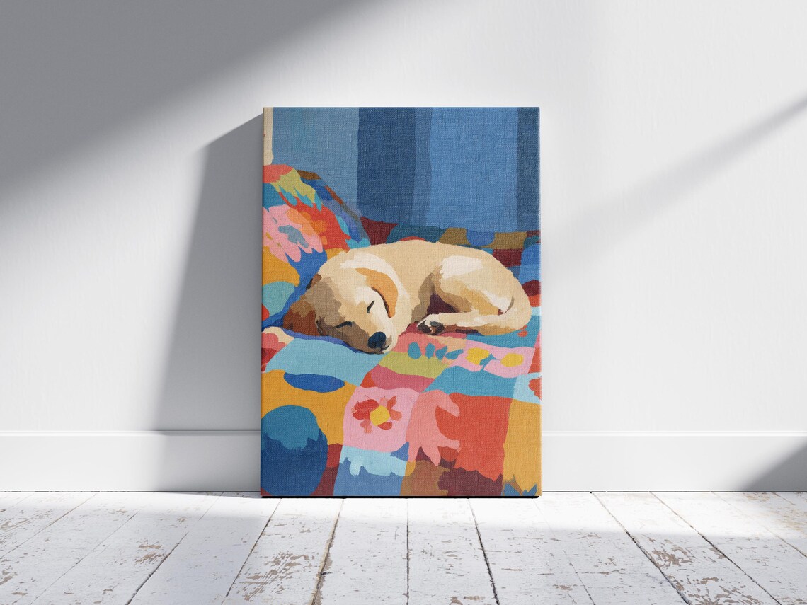 Yellow Labrador Puppy Sleeping on a Colorful Patchwork Quilt Cute Poster - Image 2
