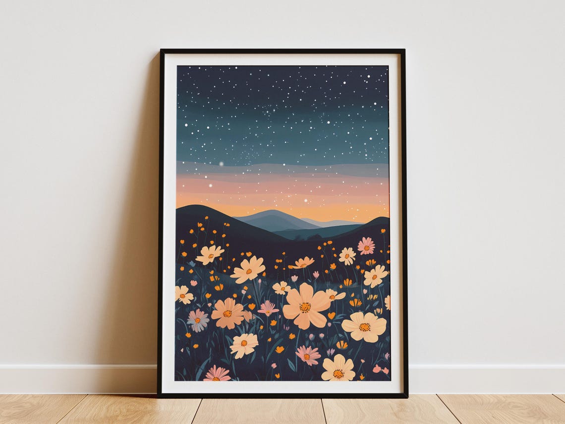 Cosmos Flower Field Under Starry Night Sky Dreamy Art Poster