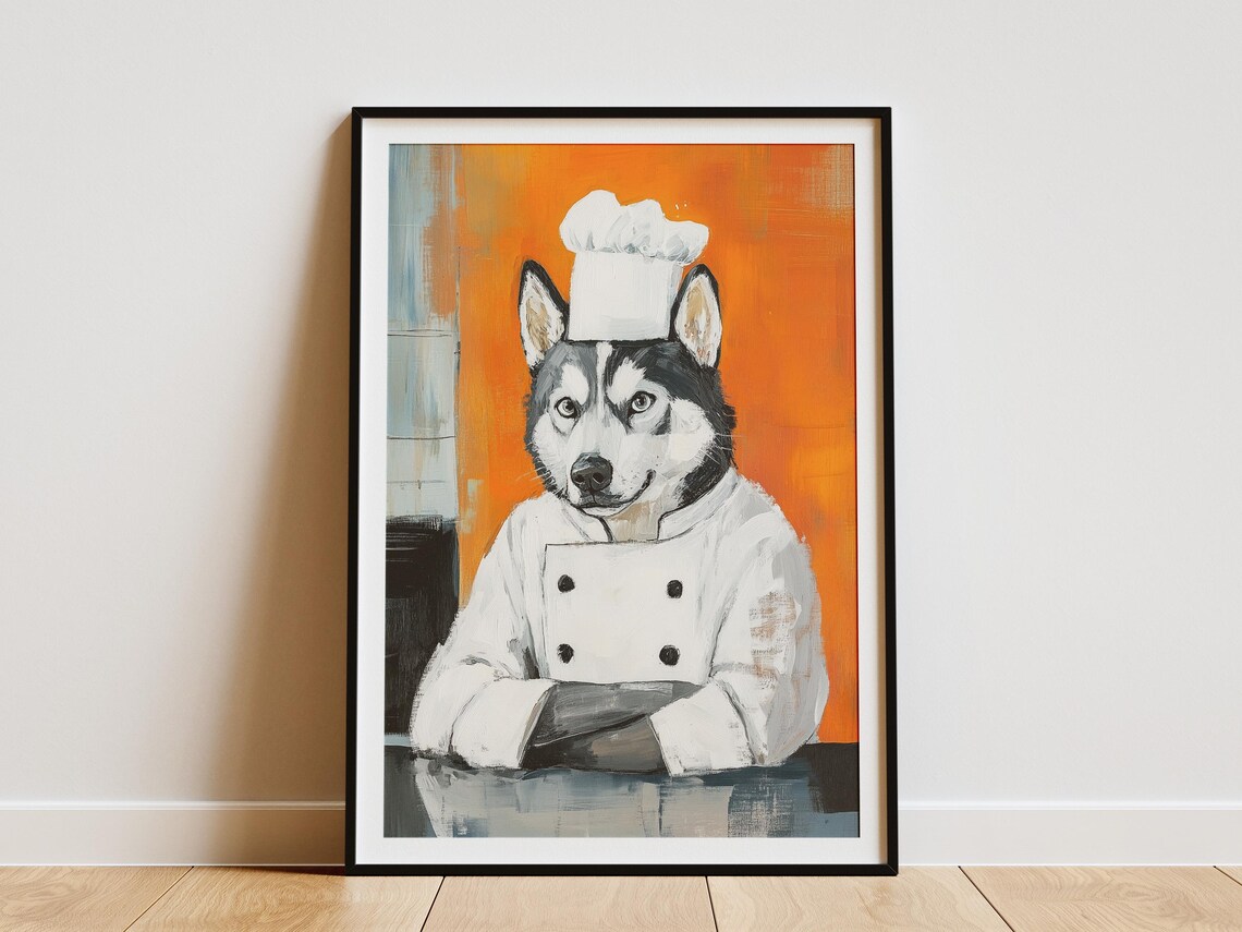 Husky Chef Painterly Dog Portrait Bold Orange Kitchen Poster