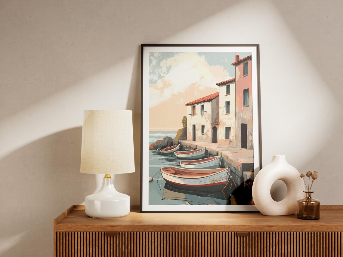 Mediterranean Harbor Fishing Boats Coastal Village Scene Poster - Image 4