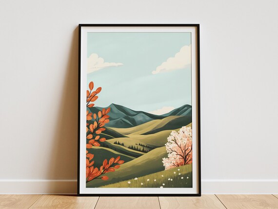 Blooming Hills Landscape Art Print Modern Nature Wall Decor Spring Tree Poster Minimalist Home Decor Peach Tree Poster Green Hills Print