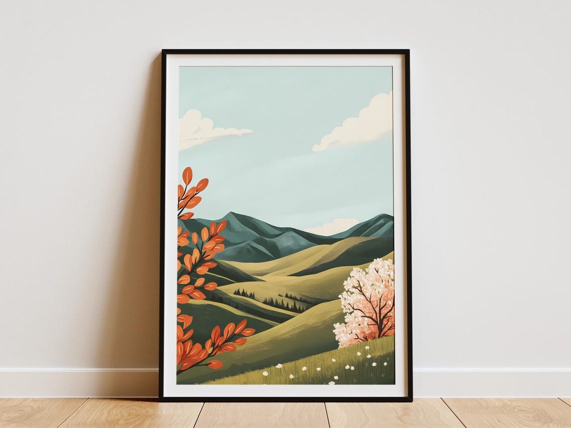 Rolling Green Hills With Pink Blossom Tree Landscape Art Poster