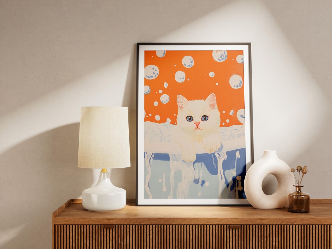 White Kitten in Foamy Blue Bubble Bath Funny Cat Lover Art Poster - Image 4