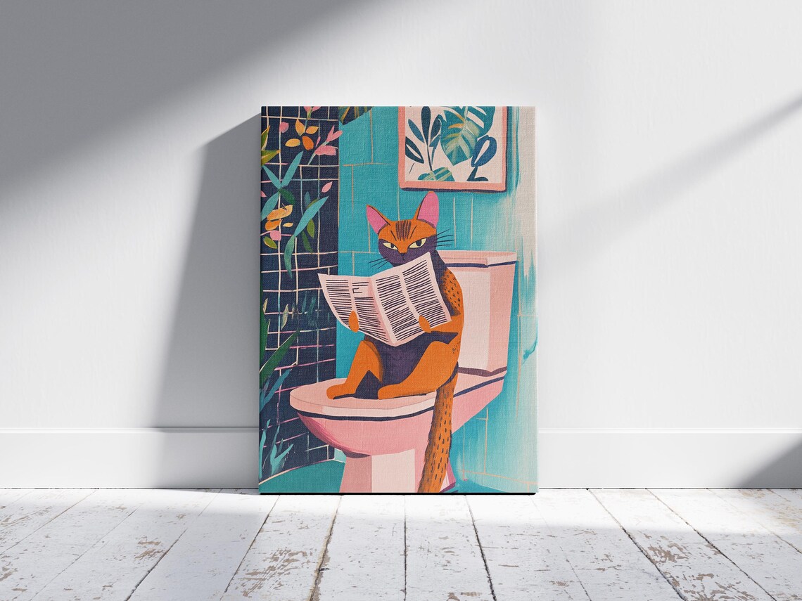 Cat on a Toilet Reading a Newspaper Funny Bathroom Wall Poster - Image 2