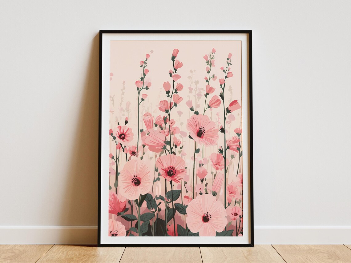 Pink Flower Field Blush Blooms Botanical Illustration Poster
