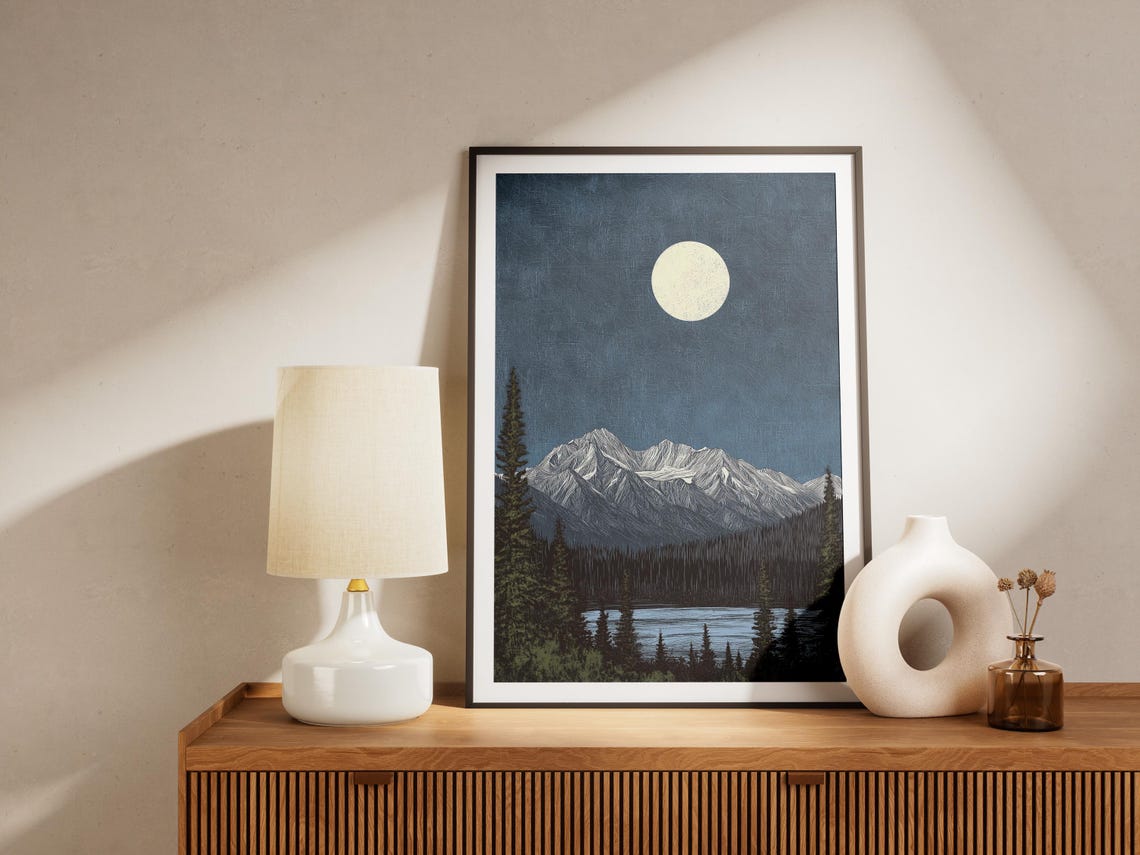 Denali National Park Alaska Full Moon Snowy Mountain Landscape Poster - Image 4