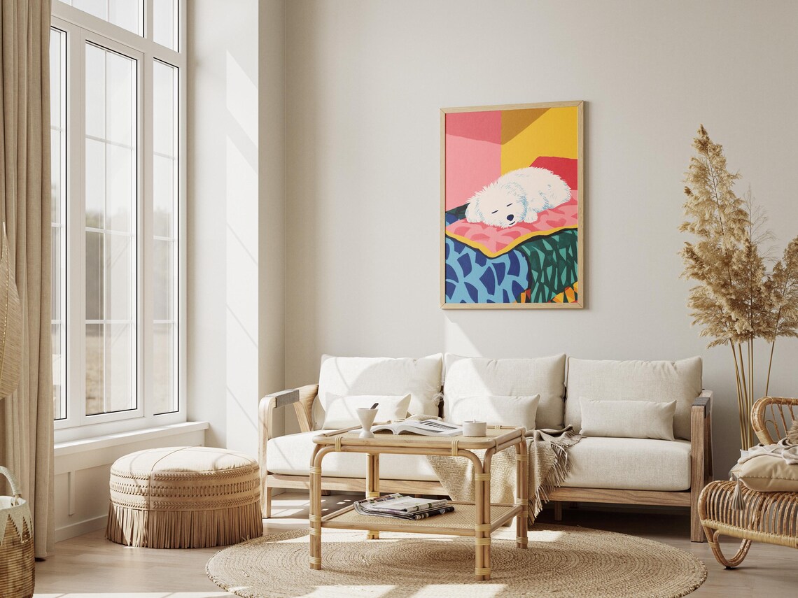 Small White Dog Sleeping on Colorful Quilts in a Playful Modern Art Poster - Image 3