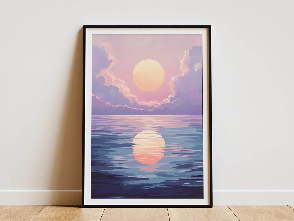 Pastel Purple Sunset Over Ocean With Sun Reflection Artwork Poster