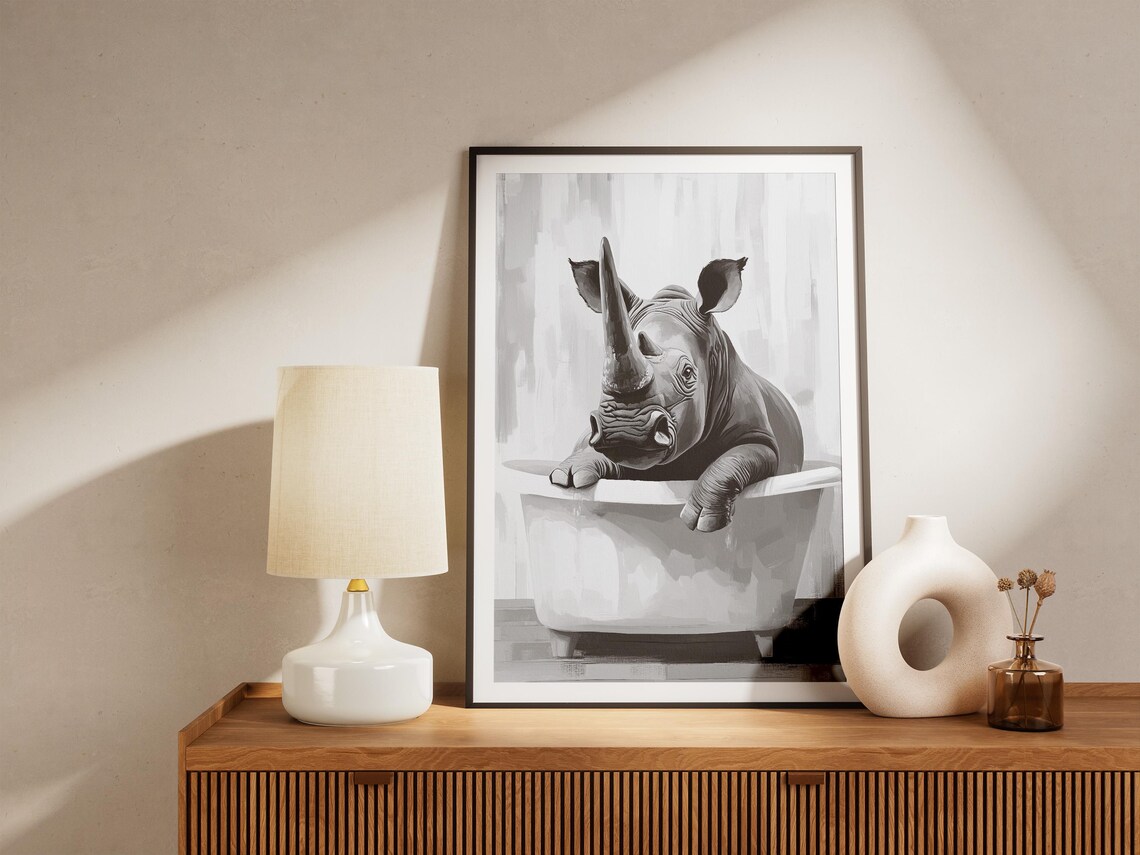 Rhino in Bathtub Funny Minimalist Black and White Animal Poster - Image 4