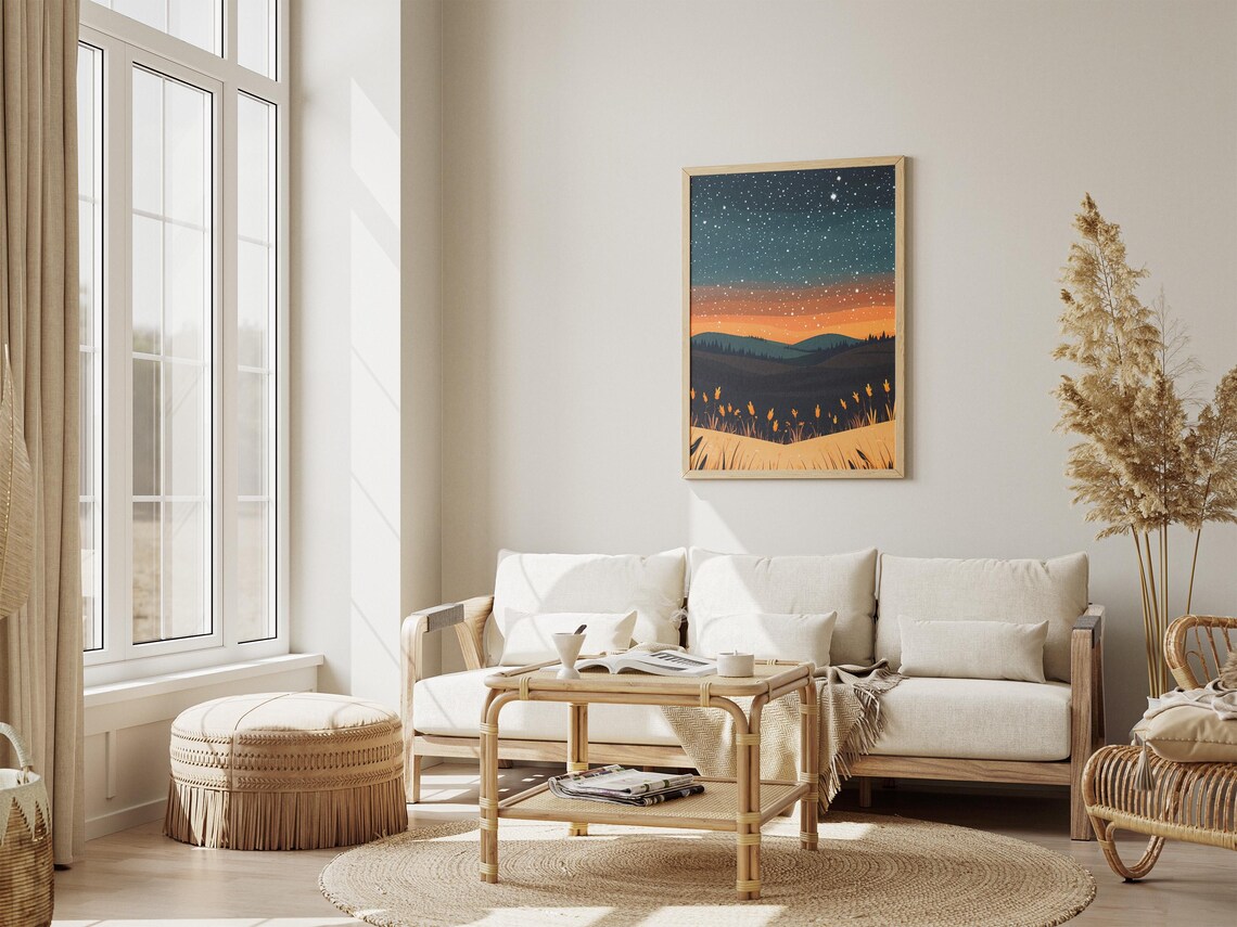 Starry Night Prairie Golden Wildflowers Sunset Horizon Poster - Image 4