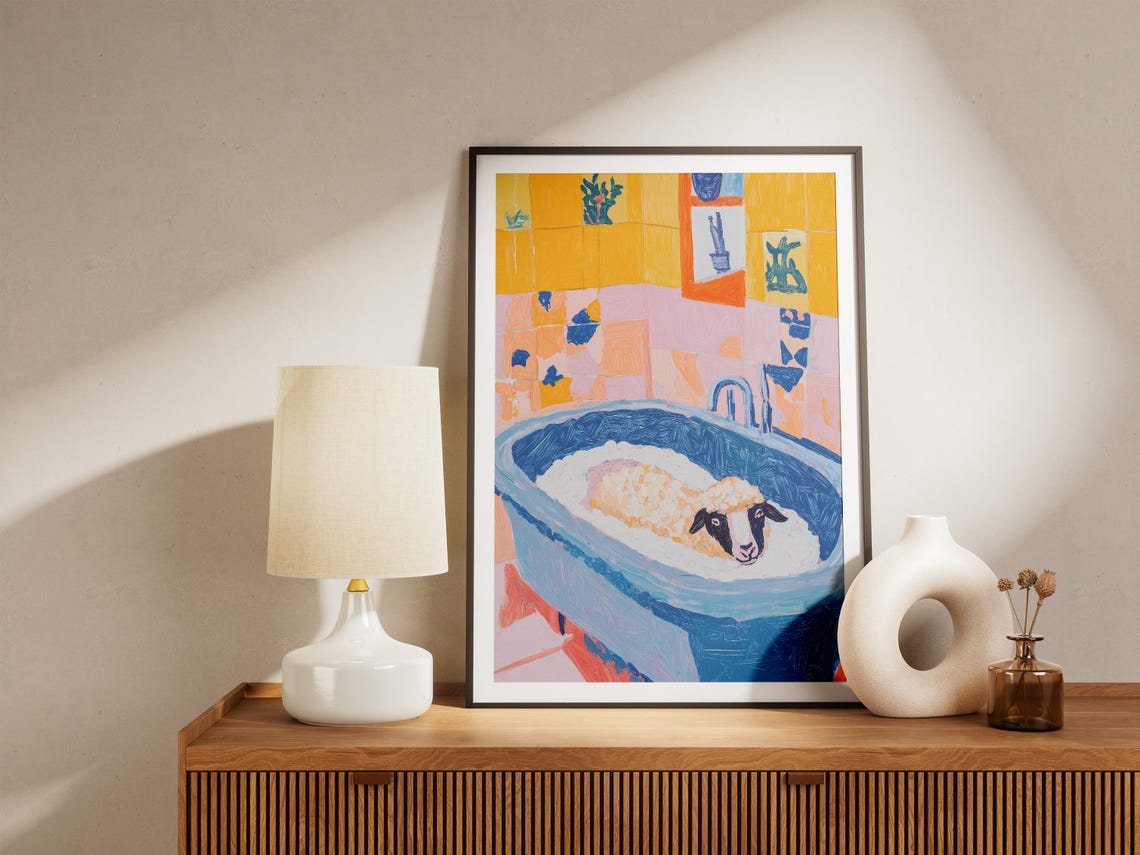 Fluffy Sheep Bubble Bath Blue Tub Colorful Tile Bathroom Poster - Image 5