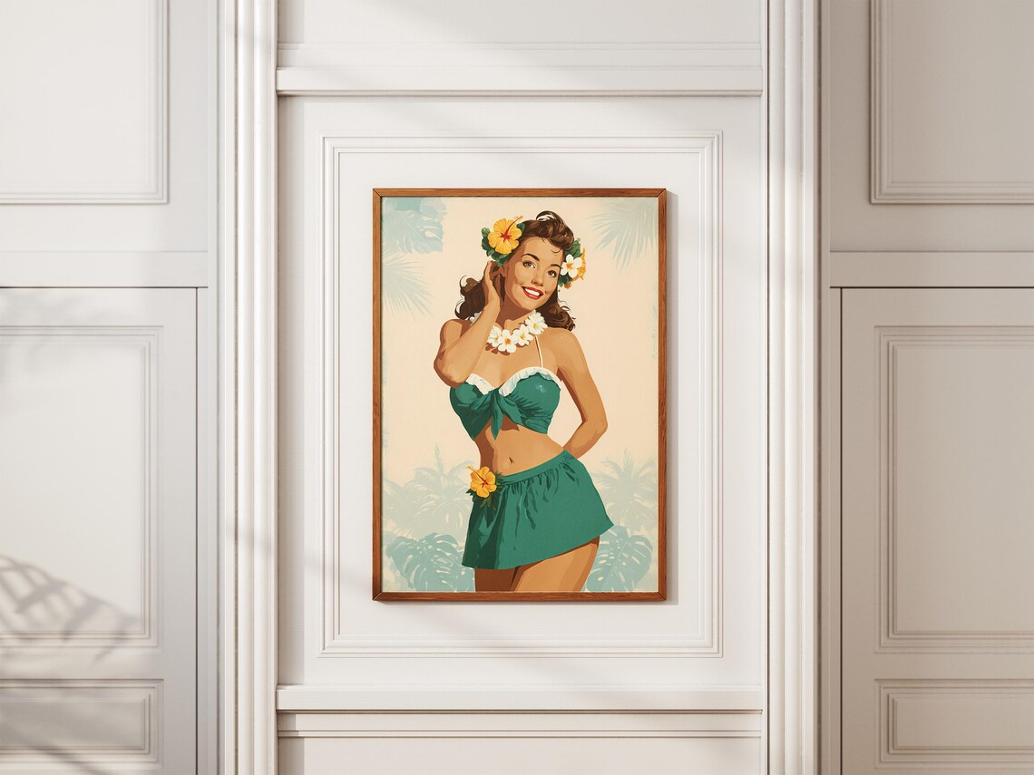 Vintage Hula Girl Retro Pin Up Tropical Flower Lei Art Poster - Image 2