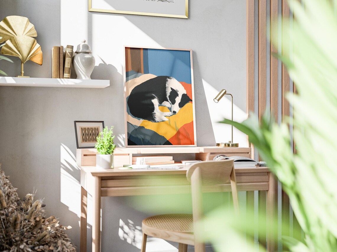 Sleeping Black and White Dog Colorful Blanket Matisse Style Poster - Image 2