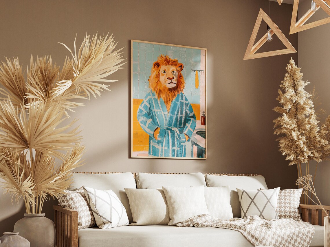 Majestic Lion In Blue Plaid Bathrobe Regal Animal Bathroom Poster - Image 3