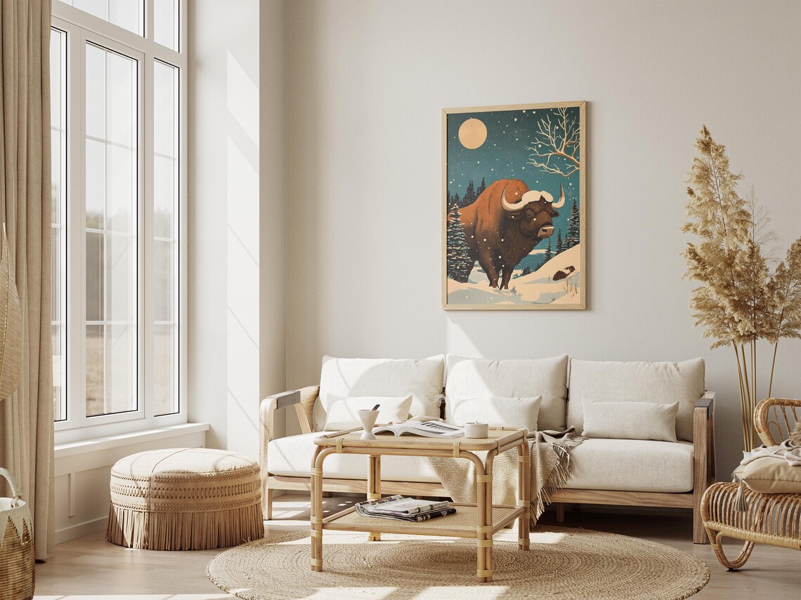 Christmas Buffalo in Snowy Moonlit Forest Winter Holiday Poster - Image 4