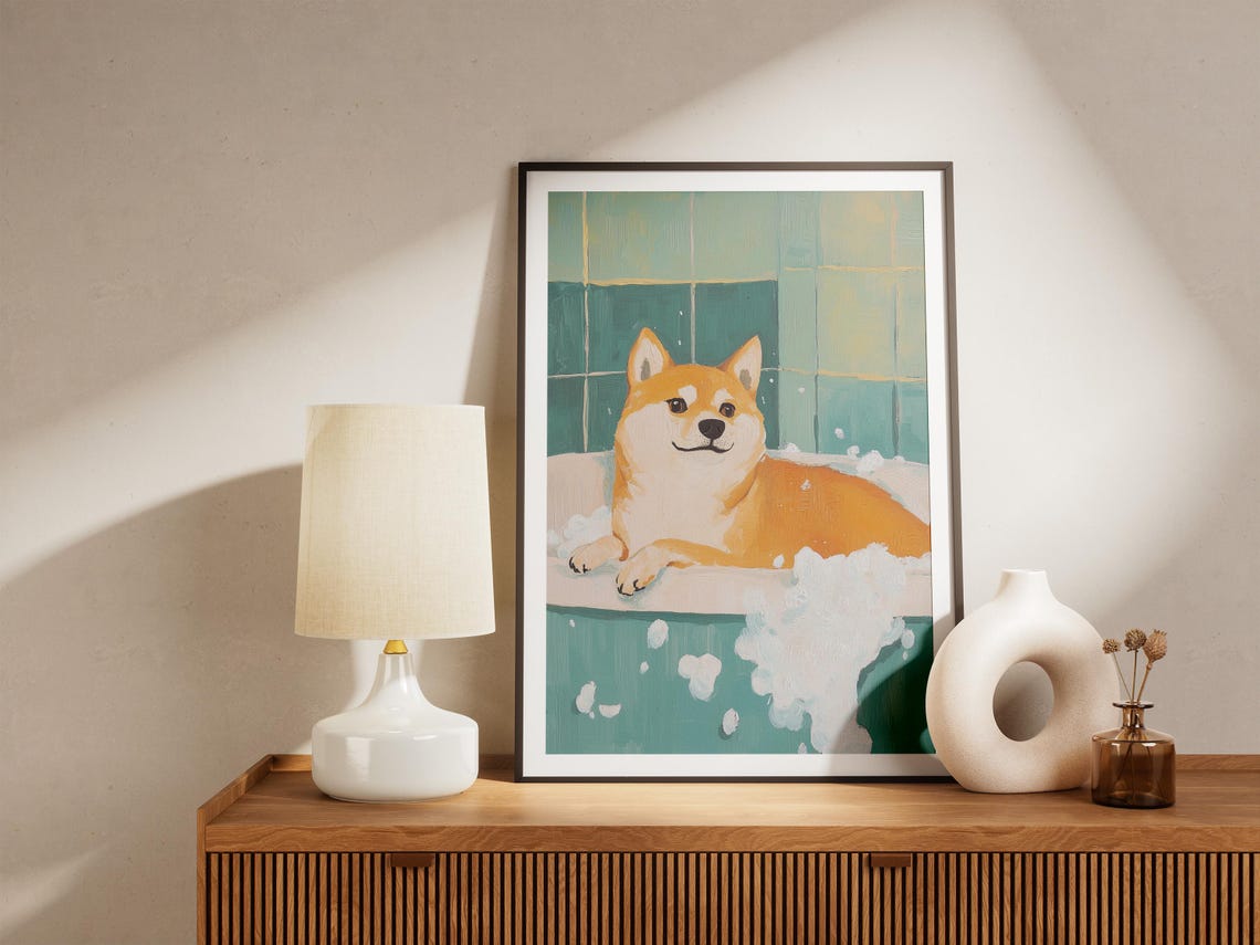 Happy Shiba Inu Bubble Bath Sage Green Tile Painterly Dog Poster - Image 4