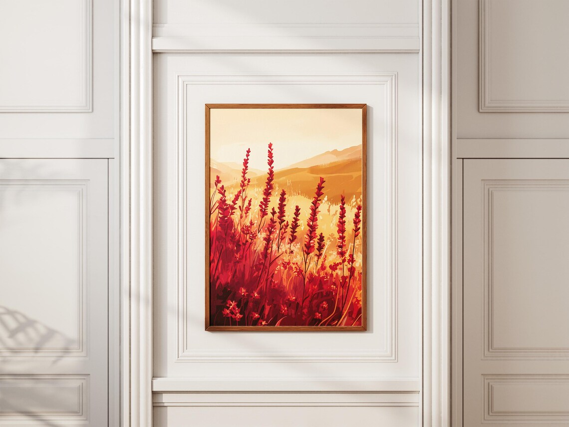Scarlet Salvia Field Sunrise Red Meadow Golden Light Art Poster - Image 2