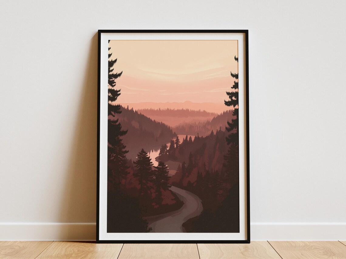 Redwood Forest Winding Road at Pink Misty Sunset View Art Poster