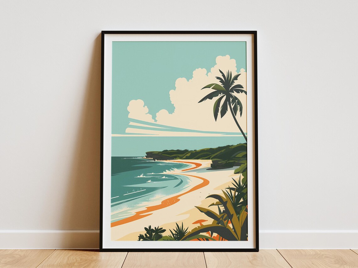 Tropical Beach Palm Tree Turquoise Water Vintage Travel Poster