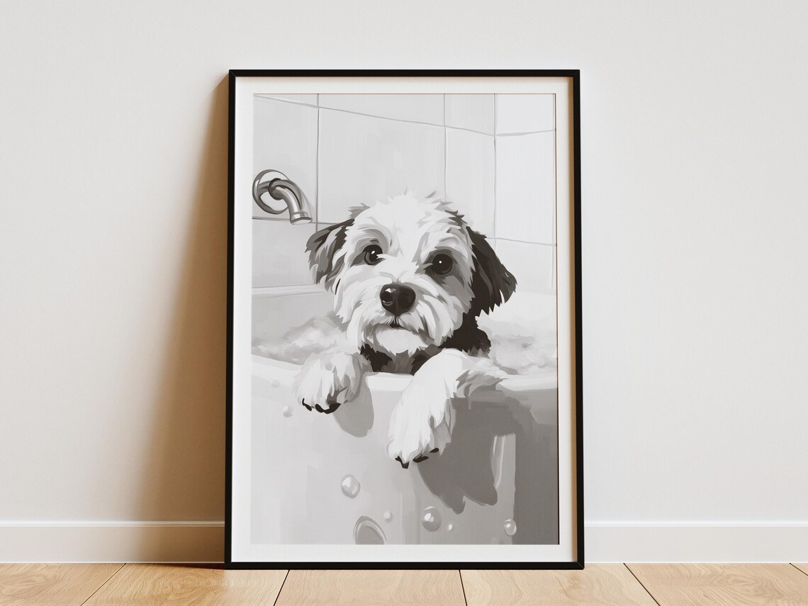 Maltese Dog In Bubble Bath Poster Cute Puppy Bathroom Wall Decor