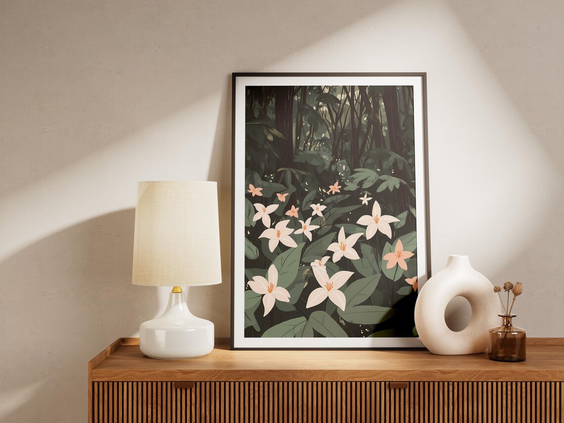 White Trilliums Dark Forest Glade Moody Botanical Flower Poster - Image 5