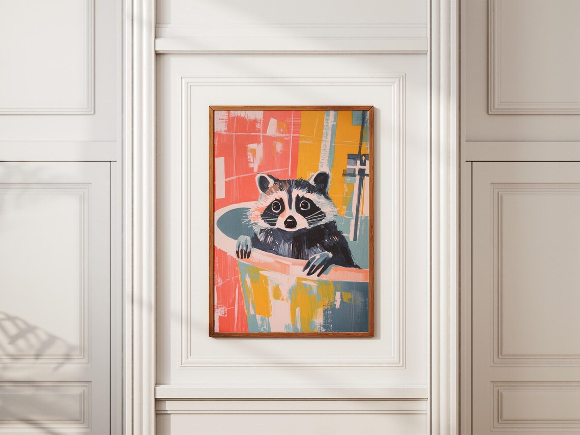 Raccoon In Bathtub Colorful Coral Orange Funny Animal Poster - Image 2