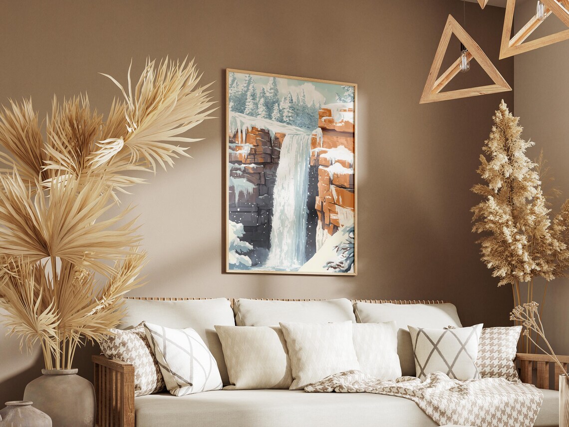 Tall Winter Waterfall Pouring Through a Snowy Red Rock Canyon Poster - Image 3