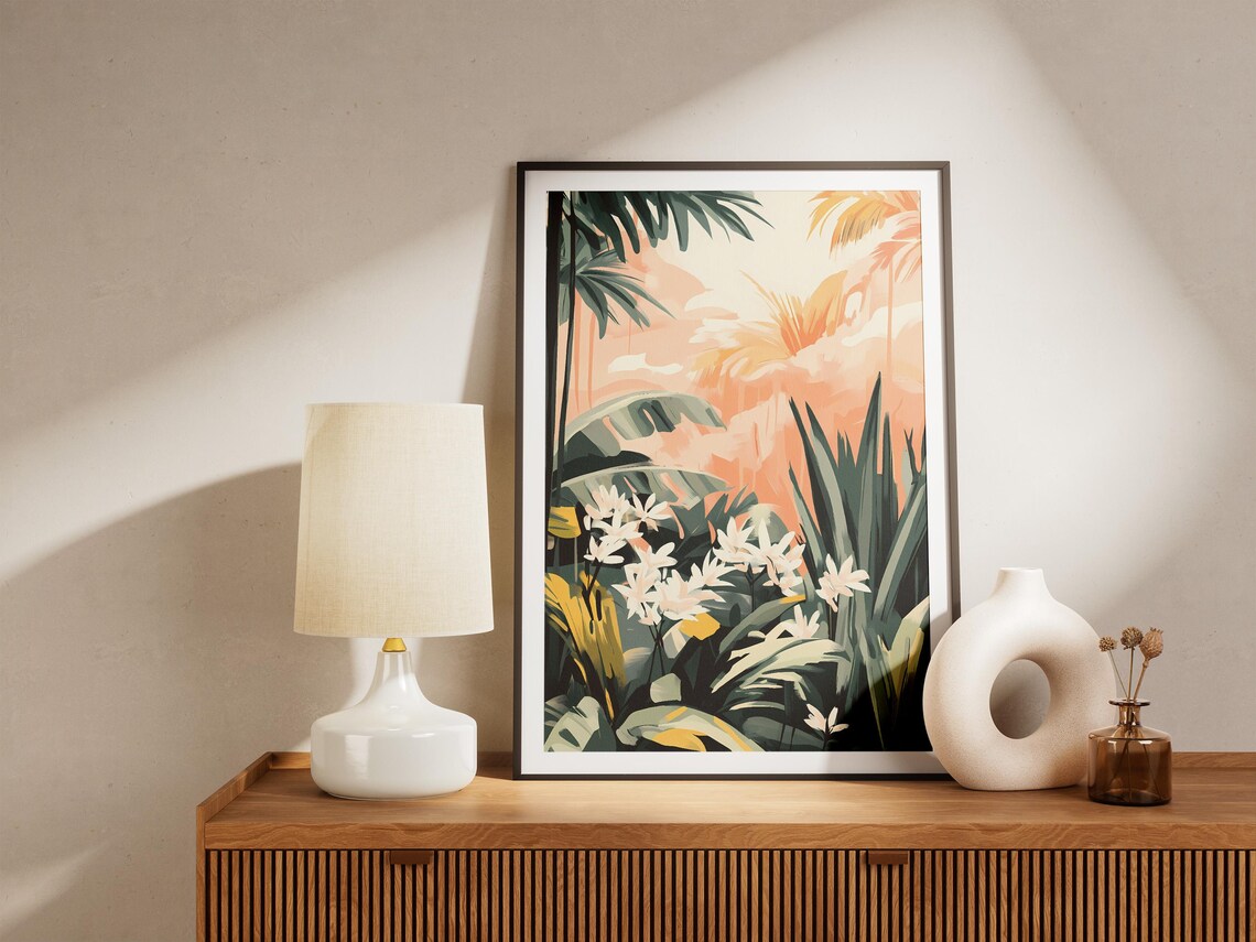 Tropical Palm Leaves And White Flowers Sunset Botanical Poster - Image 5
