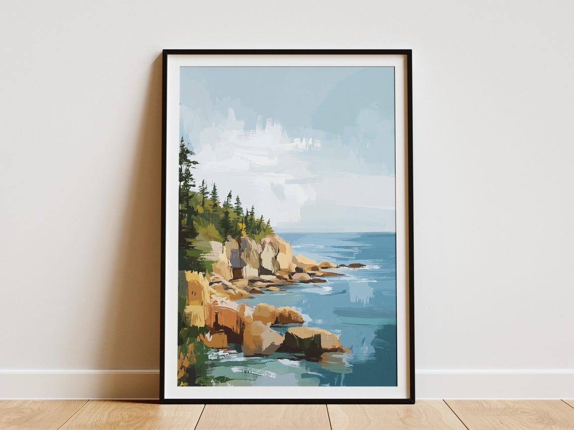 Rocky Coastal Cliffs Pines and Ocean Waves Coastal Art Poster