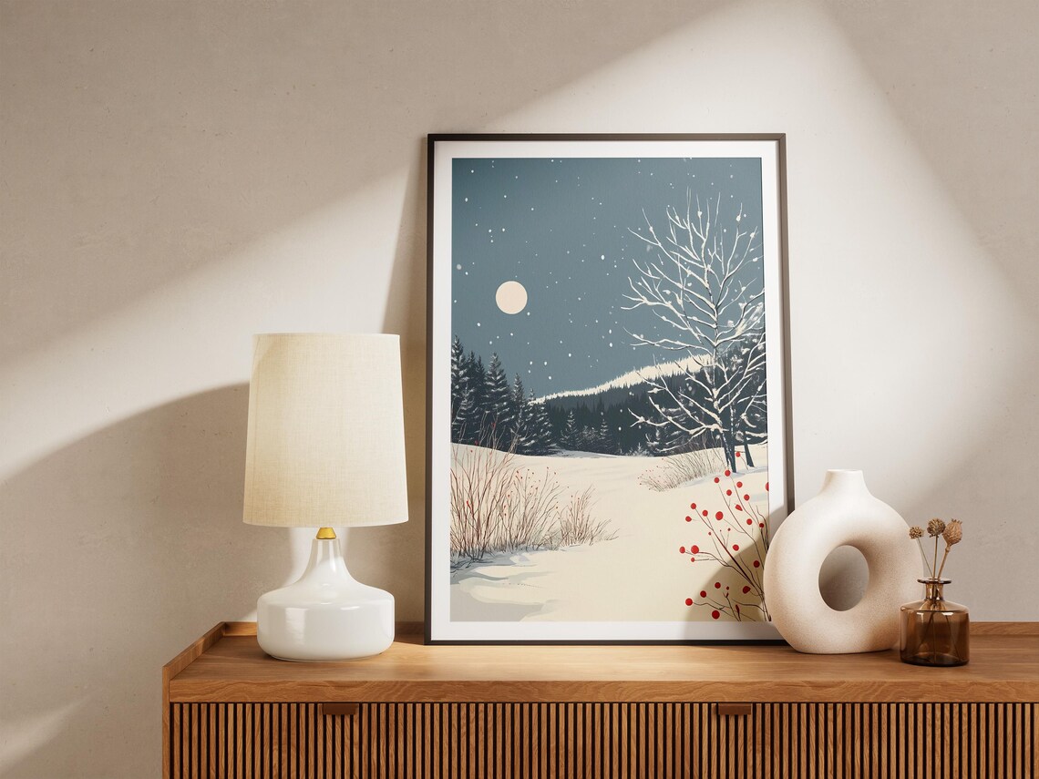 Snowy Winter Night Moonlit Meadow Red Berries Falling Snow Poster - Image 5