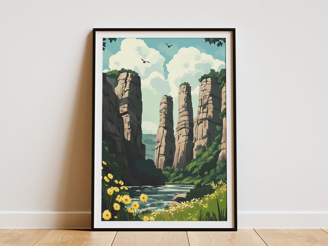 Towering Limestone Rock Pillars By A River With Wildflowers Poster