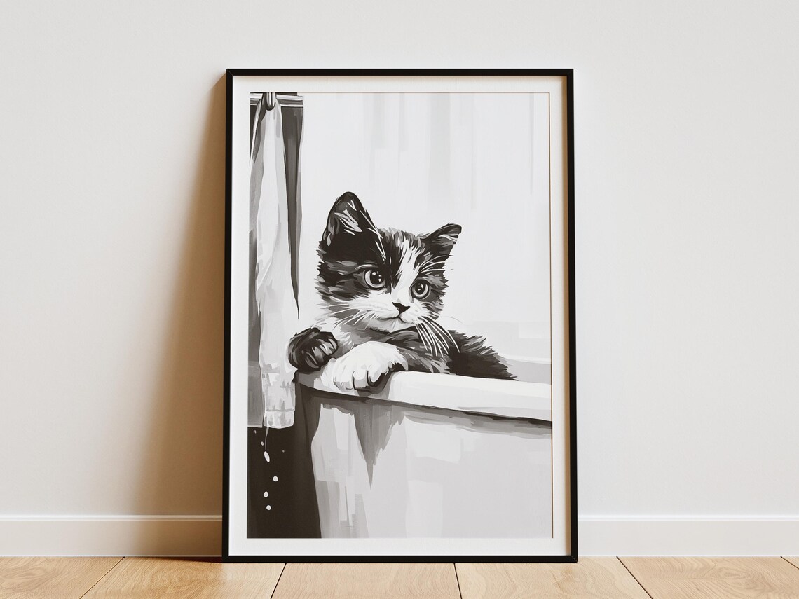 Munchkin Kitten Bathtub Poster Black And White Cute Cat Wall Decor