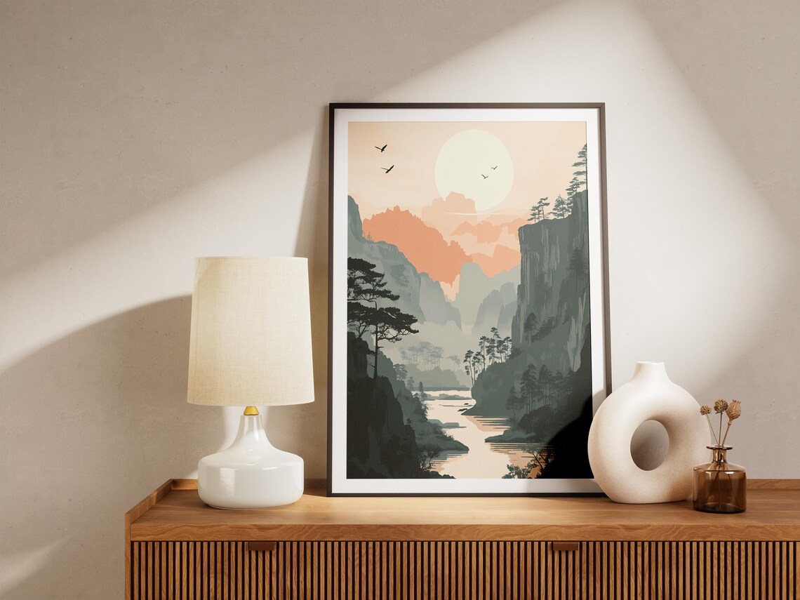 Wolong Nature Reserve Misty River Valley Pale Sunrise Poster - Image 5