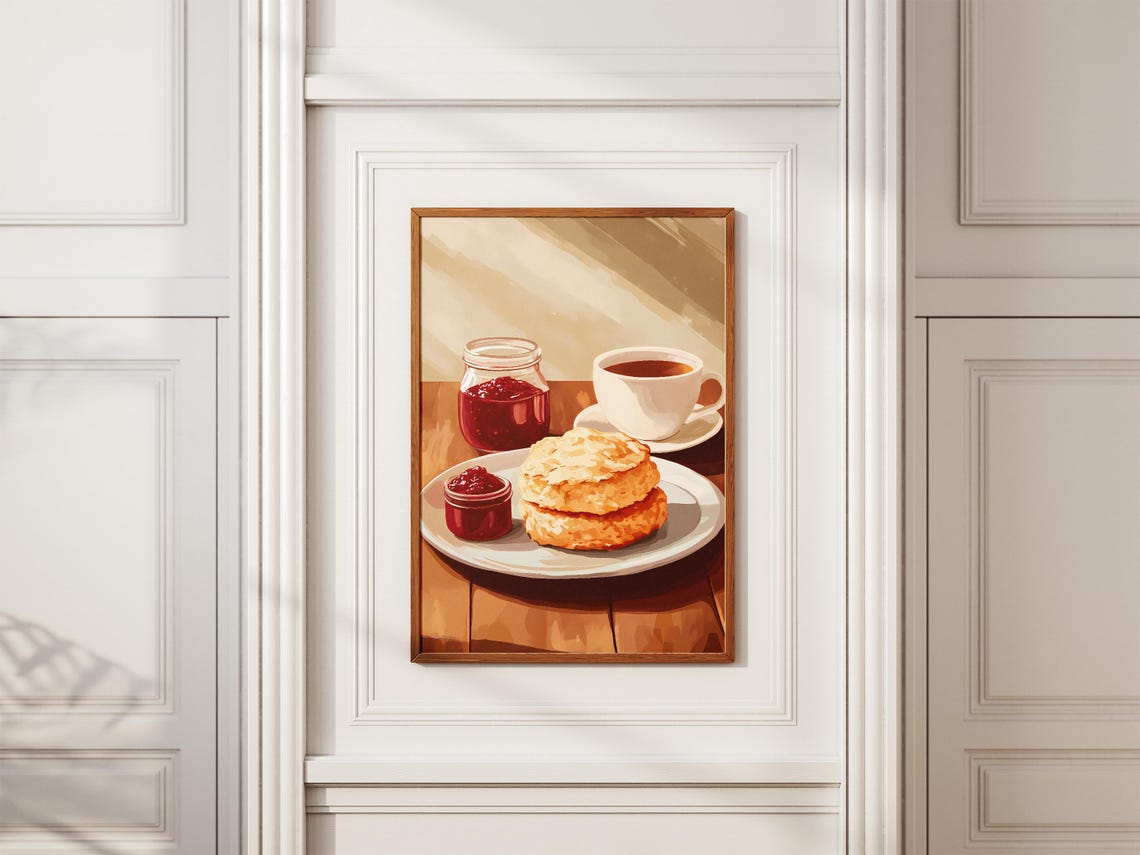 Cream Tea Scones Raspberry Jam and Cup of Tea Still Life Poster - Image 2