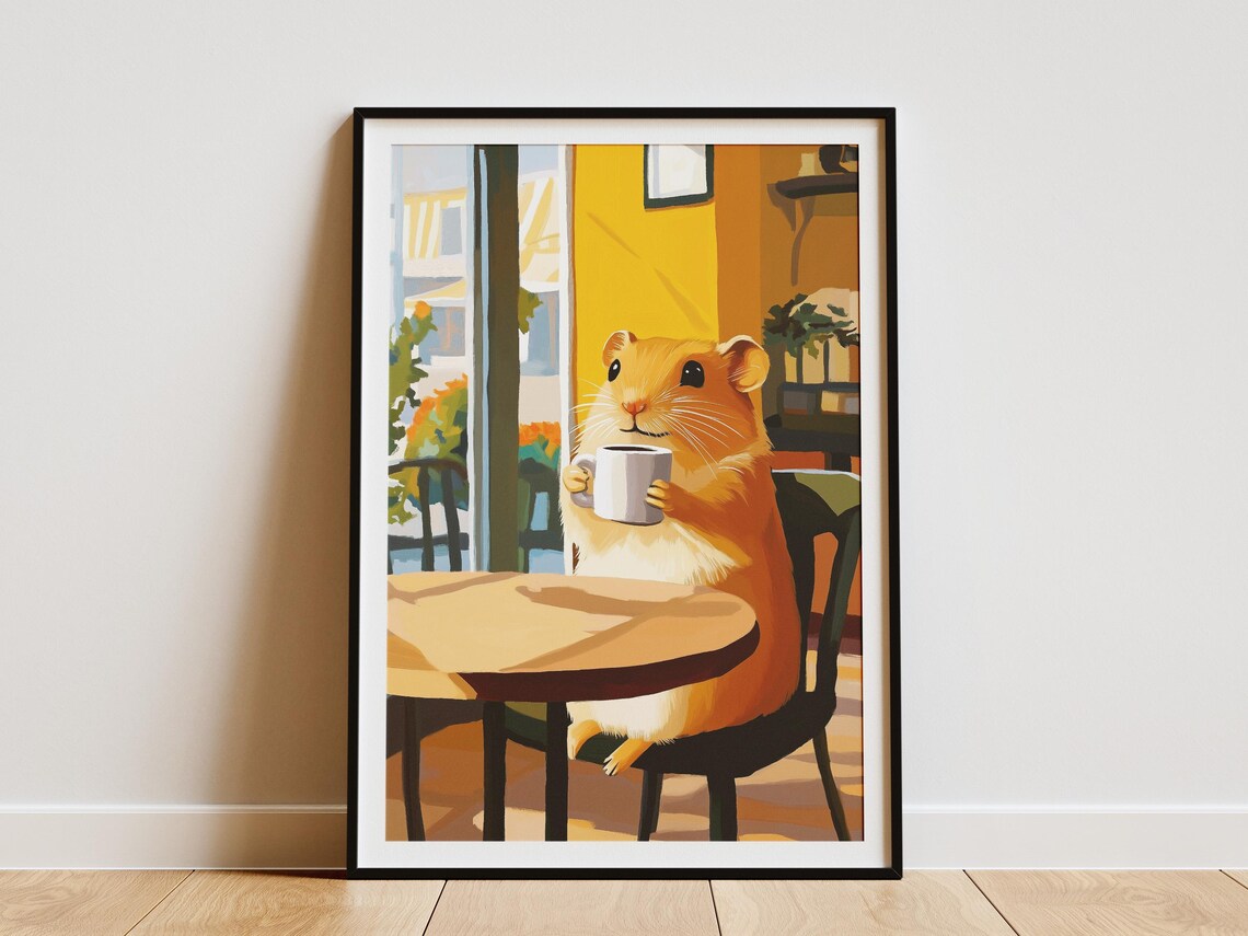 Hamster Coffee Poster Cute Animal Cafe Wall Decor Whimsical Gift