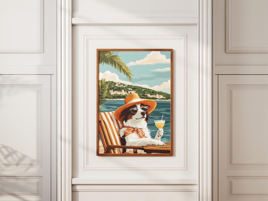 Coastal Dog Poster Summer Beach Dog Art Print Dog In Sunglasses Cute Dog Print Funny Dog Poster Border Collie Art Dog Lover Gift Pet - Image 2