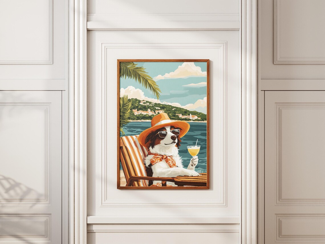 Stylish Tricolor Dog In Sunglasses And Sun Hat At Beach Poster - Image 2